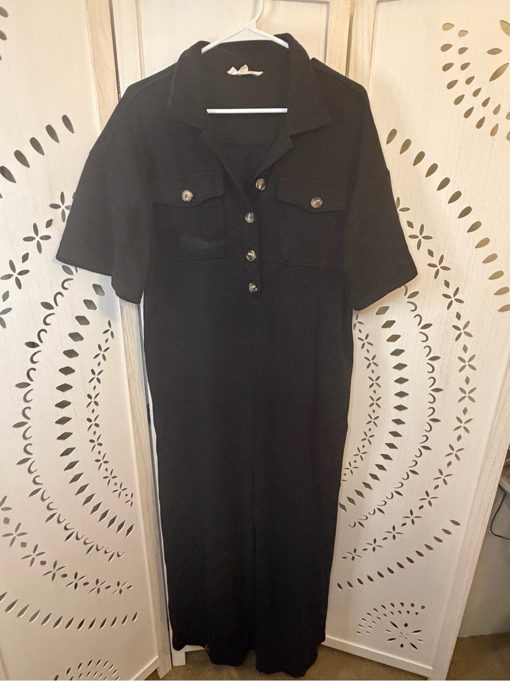 Black Short Sleeve Button Wide Leg Jumpsuit
